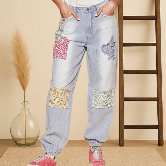 POL Floral Patchwork Jogger Jeans | Relaxed Fit Vintage Bohemian Denim - Picture 4 of 11